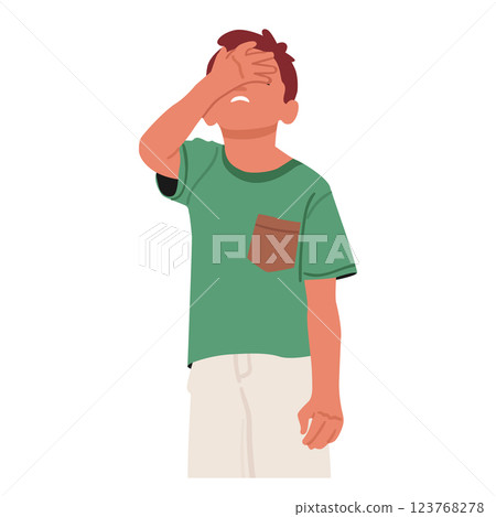 Cute boy child cartoon character covering face with hand making facepalm gesture isolated on white 123768278