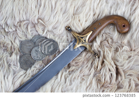 Ukraine Saber Sword with silver taller coins, 17th century. Poland, Lithuania, Hungary, Ukraine. Ukraine Saber Sword with silver taller coins, 17th century. Poland, Lithuania, Hungary, Ukraine. 123768385