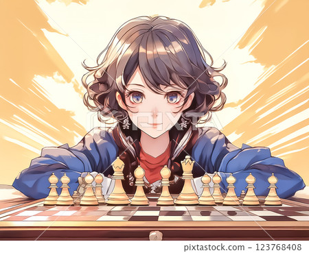 Illustration material of a young woman playing chess 123768408