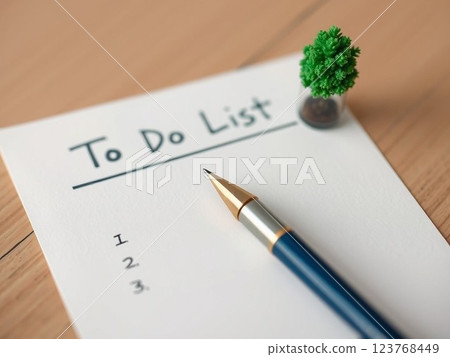 There is a to-do list, coffee, and a pen on the desk. There is a to-do list, coffee, and a pen on the desk. 123768449