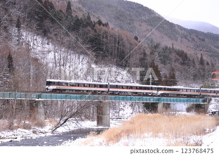 383 Series Shinano Express train running along the Central Line with snow-capped mountains in the background_Photo taken on 2025/2/8 383 Series Shinano Express train running along the Central Line with snow-capped mountains in the background_Photo taken on 2025/2/8 123768475