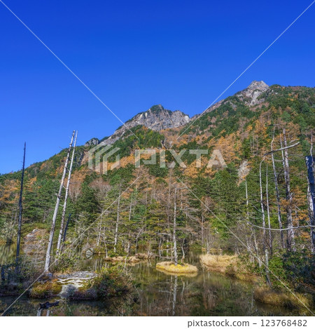 A scene of Mt. Myojin against the blue sky and the tranquil Myojin Pond 123768482