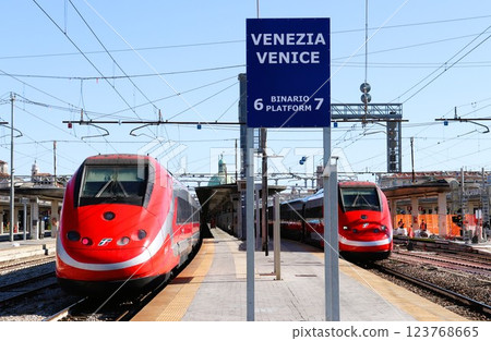 Express train Frecciarossa Venice Santa Lucia Station Italy Express train Frecciarossa Venice Santa Lucia Station Italy 123768665