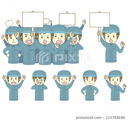 一組男性工人在示威中抗議的插圖 123768686