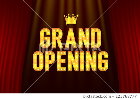 Grand Opening invitation with red curtains. Banner for opening ceremony. Vector illustration. Grand Opening invitation with red curtains. Banner for opening ceremony. Vector illustration. 123768777
