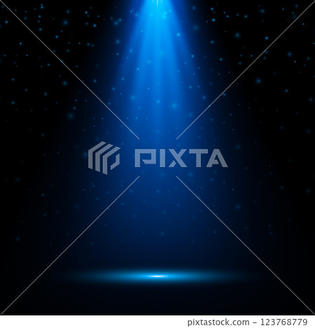 The spotlight shines. Bright Llight from a lamp or spotlight. Stage lighting spotlight, scene, stage lighting large, projector light effects. Vector illustration. The spotlight shines. Bright Llight from a lamp or spotlight. Stage lighting spotlight, scene, stage lighting large, projector light effects. Vector illustration. 123768779