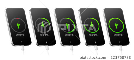Battery Charge. Full and low power energy level. Recharge battery indicator. Vector illustration. 123768788