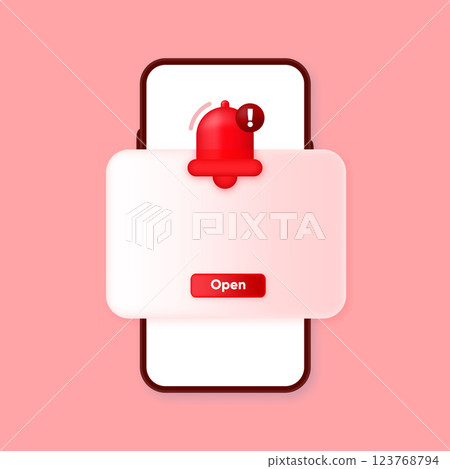 3D Bell with danger alert notification. Attention New important message. Urgent online call. Social media reminder. Cartoon style. Vector illustration. 3D Bell with danger alert notification. Attention New important message. Urgent online call. Social media reminder. Cartoon style. Vector illustration. 123768794