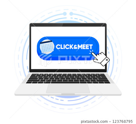 Click and Meet concept with calendar. Button online concept. Person shopping after making appointment. Vector illustration. Click and Meet concept with calendar. Button online concept. Person shopping after making appointment. Vector illustration. 123768795