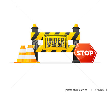 Under Construction warning sign and traffic cones. Warning barrier. Stop sign. Vector illustration. 123768801