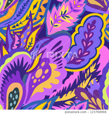 Colorful seamless pattern with chaotic floral and psychedelic abstract elements.  123768908