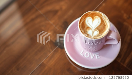 There is a cup with heart-shaped latte art on the table. 123768920