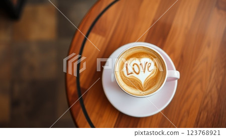 There is a cup with heart-shaped latte art on the table. 123768921