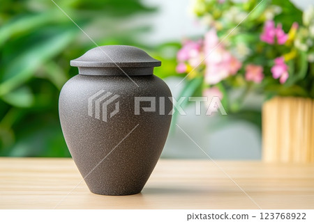 Beautifully crafted ash urn surrounded by flowers on a table indoors. 123768922