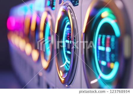high tech washing machine control panels with colorful displays. 123768934