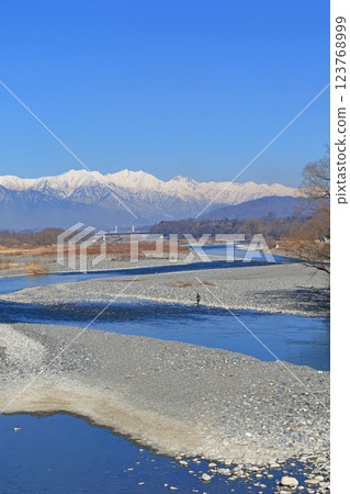 Azumino in early spring: The Sai River and the Northern Alps as seen from Tazawa Bridge Azumino in early spring: The Sai River and the Northern Alps as seen from Tazawa Bridge 123768999