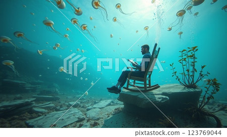 A man relaxing in a rocking chair in the deep sea 123769044