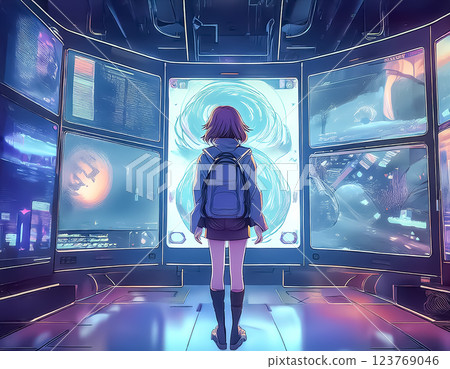 Illustration material of the back of a girl looking at multiple monitors 123769046