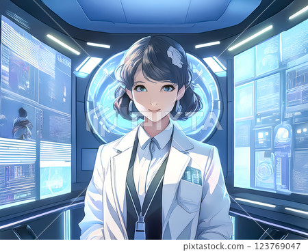 Illustration material of a woman in a white coat standing in front of multiple displays 123769047