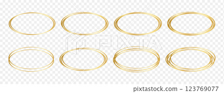 Set of golden oval frames isolated on transparent background. Shiny luxury borders. Decorative frameworks, luxury design elements for banners, greeting or wedding cards. Vector realistic illustration Set of golden oval frames isolated on transparent background. Shiny luxury borders. Decorative frameworks, luxury design elements for banners, greeting or wedding cards. Vector realistic illustration 123769077