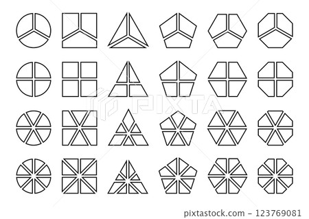 Geometric shapes divided into 3, 4, 6 and 8 sectors. Round, square and triangle, pentagon, hexagon and octagon forms cut in equal parts. Pie chart templates. Vector outline illustration Geometric shapes divided into 3, 4, 6 and 8 sectors. Round, square and triangle, pentagon, hexagon and octagon forms cut in equal parts. Pie chart templates. Vector outline illustration 123769081