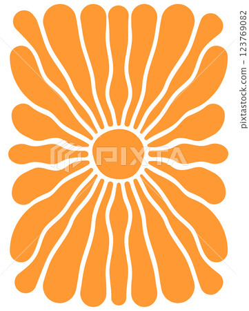 Groovy sun background. Wavy orange sunny rays. Sunburst, sunrise or sunset poster. Summer theme vertical wallpaper. Modern psychedelic print. Happy positive vibes concept. Vector flat illustration 123769082