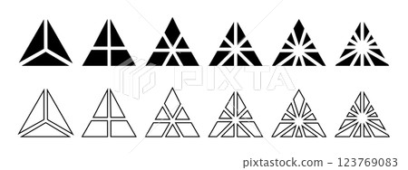 Set of triangular geometric shapes divided into sectors from 3 to 10 isolated on white background. Triangle forms cut in equal parts. Simple diagrams, business pie charts. Vector graphic illustration Set of triangular geometric shapes divided into sectors from 3 to 10 isolated on white background. Triangle forms cut in equal parts. Simple diagrams, business pie charts. Vector graphic illustration 123769083