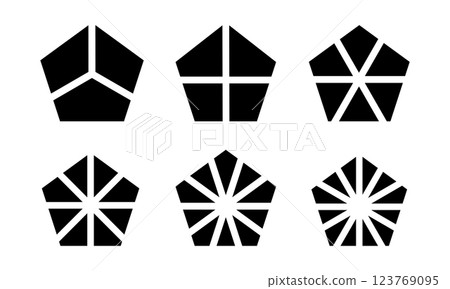 Pentagon shapes separated into segments from 3 to 12 isolated on white background. Geometric form with 5 borders cut in equal slices. Diagram or pie chart templates. Vector graphic illustration 123769095