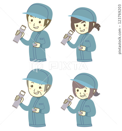Set of workers hydrating during breaks Set of workers hydrating during breaks 123769203