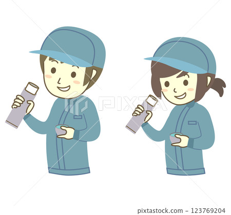 Young male and female workers hydrating during breaks Young male and female workers hydrating during breaks 123769204