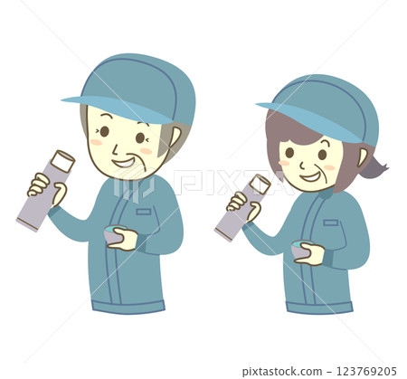 Senior male and female workers hydrating during breaks Senior male and female workers hydrating during breaks 123769205