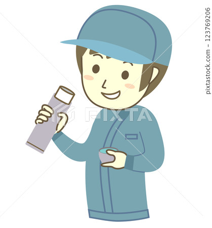 A young male worker hydrating during a break A young male worker hydrating during a break 123769206