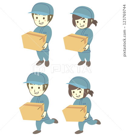 一組使用紙板箱工作的年輕男女工人 一組使用紙板箱工作的年輕男女工人 123769744