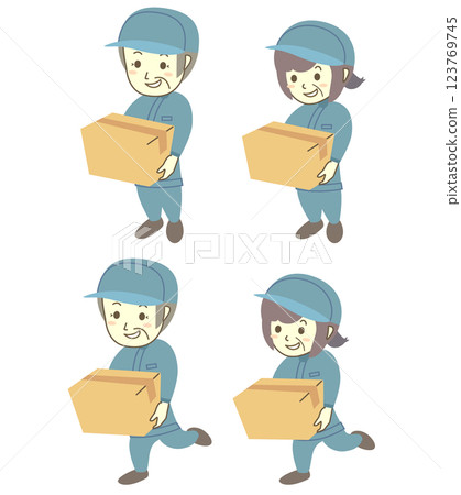 一組高級男性和女性工人用紙板箱工作 123769745
