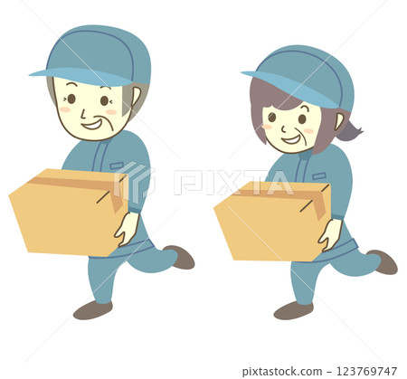 Senior male and female workers carrying cardboard boxes 123769747