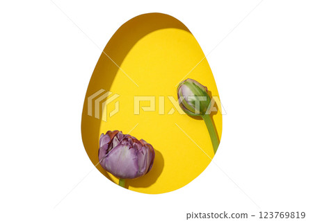 PNG, Easter, cut out egg with flowers, on a yellow background, isolated on a white background PNG, Easter, cut out egg with flowers, on a yellow background, isolated on a white background 123769819