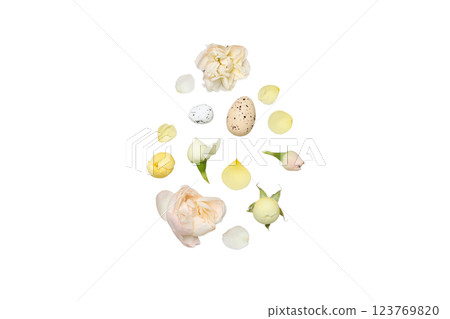 PNG, Easter, egg shape made of flowers, petals and quail eggs, isolated on white background 123769820