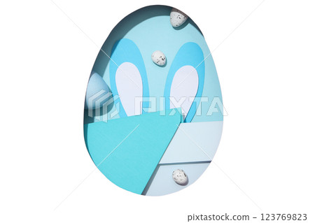 PNG, Easter, cut out paper egg shape, with card, on blue background, isolated on white background PNG, Easter, cut out paper egg shape, with card, on blue background, isolated on white background 123769823