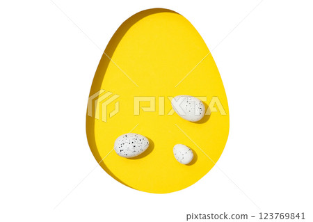 PNG, Easter, paper egg on a yellow background, with quail eggs, isolated on a white background 123769841