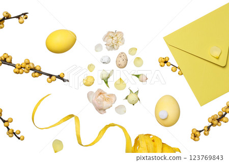 PNG, Easter, egg shape made of flowers, petals and quail eggs, with envelope, isolated on white background 123769843