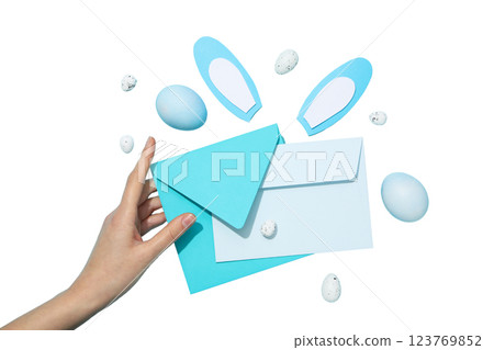 PNG, Easter, paper rabbit ears, with envelope, with hand, isolated on white background PNG, Easter, paper rabbit ears, with envelope, with hand, isolated on white background 123769852