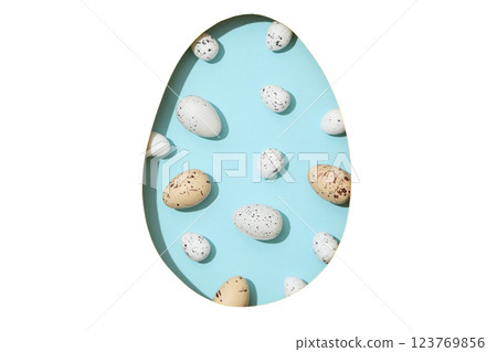 PNG, Easter, paper egg with quail eggs, isolated on white background PNG, Easter, paper egg with quail eggs, isolated on white background 123769856