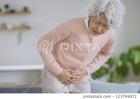 Senior woman suffering from lower abdomen Senior woman suffering from lower abdomen 123769972