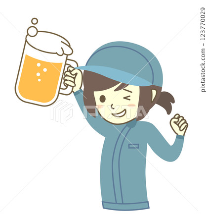 A female worker wearing a hat holding up a beer A female worker wearing a hat holding up a beer 123770029