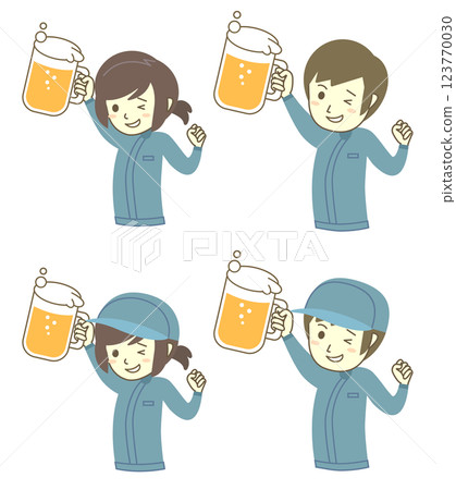Set of male and female workers holding beer, with and without hats Set of male and female workers holding beer, with and without hats 123770030