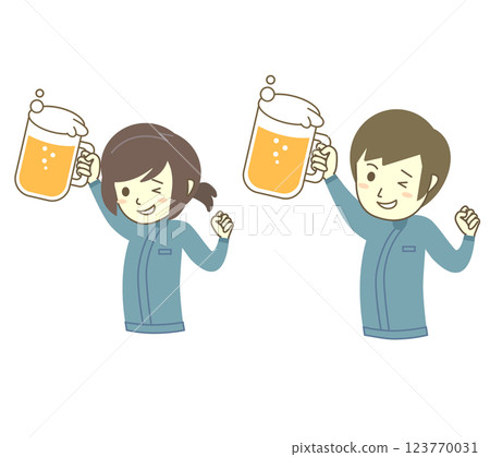 Male and female workers holding beer 123770031