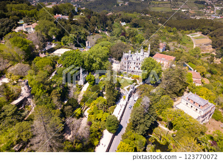 Quinta da Regaleira palace in the municipality of Sintra. Panoramic view from drone.  123770072