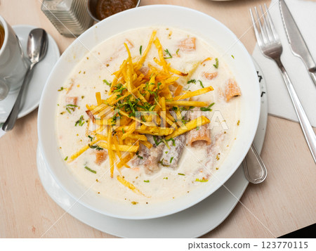 Traditional Latin American bolivian peanut soup made with addition of beef meat, carrots, spices Traditional Latin American bolivian peanut soup made with addition of beef meat, carrots, spices 123770115