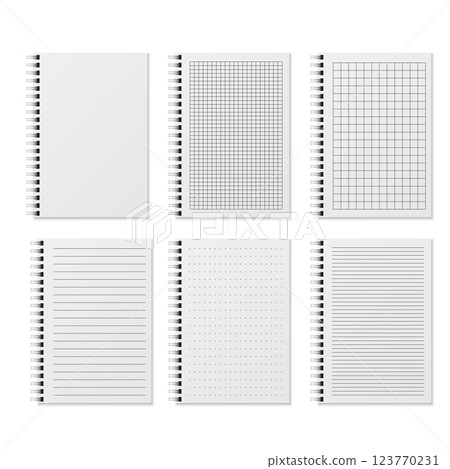 Spiral Notebook Mockup Set with Various Page Layouts Vector Spiral Notebook Mockup Set with Various Page Layouts Vector 123770231