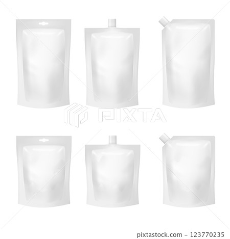 White Stand-Up Pouch Mockup Set with Various Closures Vector 123770235